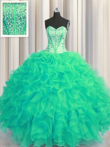 Superior Visible Boning Beaded Bodice Floor Length Ball Gowns Sleeveless Turquoise Quinceanera Dresses Lace Up