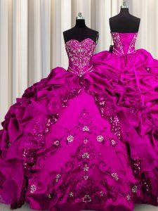 Sequins Beading and Embroidery and Ruffles Quinceanera Gowns Fuchsia Lace Up Sleeveless Floor Length