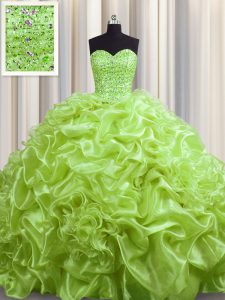 Pick Ups Yellow Green Sleeveless Organza Court Train Lace Up Quinceanera Dress for Military Ball and Sweet 16 and Quinceanera