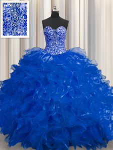 Fantastic See Through Floor Length Royal Blue Quinceanera Dress Sweetheart Sleeveless Lace Up