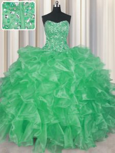 Fancy Visible Boning Strapless Sleeveless Lace Up 15 Quinceanera Dress Apple Green Organza