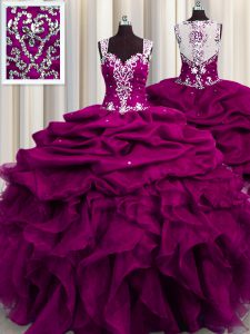 Custom Design See Through Back Beading and Ruffles and Sequins Quinceanera Dress Fuchsia Zipper Sleeveless Floor Length