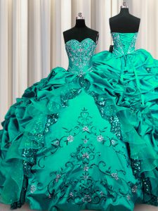 Lovely Sequins Embroidery Dark Green Sleeveless Taffeta Lace Up Quinceanera Gowns for Military Ball and Sweet 16 and Quinceanera