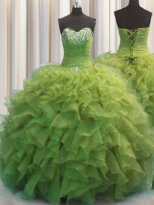 Beaded Bust Ball Gowns Vestidos de Quinceanera Olive Green Sweetheart Organza Sleeveless Floor Length Lace Up
