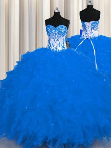 Wonderful Royal Blue Organza Lace Up Quince Ball Gowns Sleeveless Floor Length Appliques and Ruffles