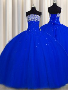 Custom Designed Really Puffy Royal Blue Ball Gowns Strapless Sleeveless Tulle Floor Length Lace Up Beading and Sequins Vestidos de Quinceanera