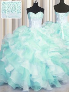 Simple Two Tone Visible Boning Multi-color Lace Up Sweetheart Beading and Ruffles Vestidos de Quinceanera Organza Sleeveless