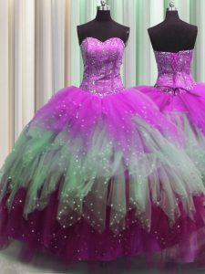 Visible Boning Sleeveless Floor Length Beading and Ruffles and Sequins Lace Up Vestidos de Quinceanera with Multi-color