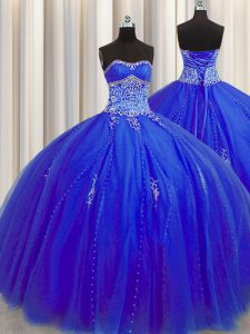 Puffy Skirt Royal Blue Lace Up Quince Ball Gowns Beading and Appliques Sleeveless Floor Length