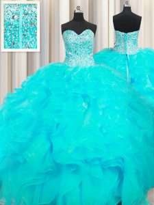 Perfect Visible Boning Beaded Bodice Aqua Blue Sleeveless Organza Lace Up Quinceanera Gowns for Military Ball and Sweet 16 and Quinceanera