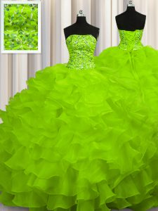 Sleeveless Organza Sweep Train Lace Up Quince Ball Gowns in with Beading and Ruffles