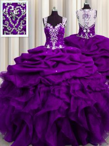 Simple Sequins See Through Back Floor Length Purple 15 Quinceanera Dress Straps Sleeveless Zipper