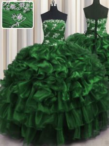 Decent Dark Green 15th Birthday Dress For with Appliques and Ruffles and Ruffled Layers Strapless Sleeveless Lace Up