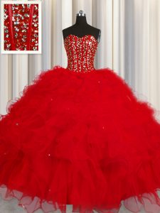 Visible Boning Red Ball Gowns Tulle Sweetheart Sleeveless Beading and Ruffles and Sequins Floor Length Lace Up 15th Birthday Dress