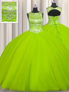 Scoop Yellow Green Ball Gowns Beading Quinceanera Dress Lace Up Tulle Sleeveless Floor Length