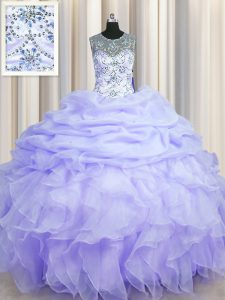 See Through Scoop Lavender Sleeveless Organza Lace Up Quinceanera Dress for Military Ball and Sweet 16 and Quinceanera