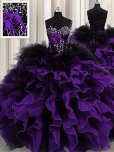 Floor Length Black And Purple Sweet 16 Dress Organza and Tulle Sleeveless Beading and Ruffles