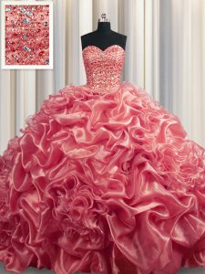 Ideal Organza Sweetheart Sleeveless Court Train Lace Up Beading and Pick Ups Quinceanera Dress in Watermelon Red