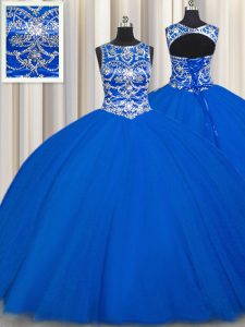 Royal Blue Scoop Lace Up Beading 15 Quinceanera Dress Sleeveless