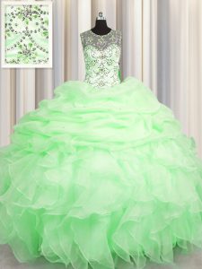 Fashion Scoop See Through Floor Length Lace Up 15 Quinceanera Dress for Military Ball and Sweet 16 and Quinceanera with Beading and Ruffles and Pick Ups