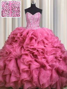 Vintage Visible Boning Bling-bling With Train Rose Pink Ball Gown Prom Dress Sweetheart Sleeveless Brush Train Lace Up