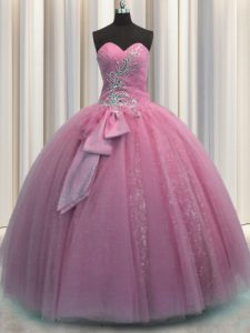 Custom Designed Rose Pink Ball Gowns Sweetheart Sleeveless Tulle Floor Length Lace Up Beading and Sequins and Bowknot Sweet 16 Dress