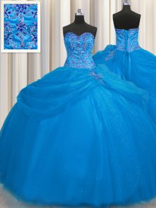 Deluxe Really Puffy Sweetheart Sleeveless Lace Up Sweet 16 Quinceanera Dress Blue Tulle