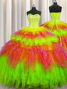 Dramatic Bling-bling Visible Boning Multi-color Lace Up Quinceanera Gown Beading and Ruffles and Ruffled Layers and Sequins Sleeveless Floor Length