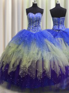 Decent Visible Boning Multi-color Sleeveless Beading and Ruffles and Sequins Floor Length 15th Birthday Dress