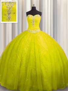 Sweet Tulle and Sequined Sweetheart Sleeveless Court Train Lace Up Beading and Appliques Quinceanera Dresses in Yellow