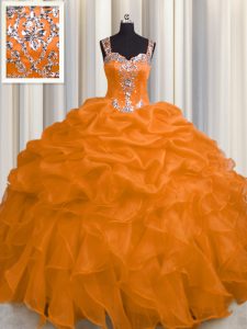 Classical See Through Zipper Up Orange Straps Neckline Appliques and Ruffles Quinceanera Dresses Sleeveless Zipper
