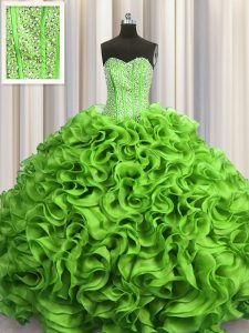 Visible Boning Floor Length Quince Ball Gowns Organza Sleeveless Beading and Ruffles