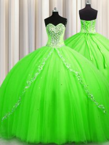 Luxurious Ball Gowns Tulle Sweetheart Sleeveless Beading Lace Up Quince Ball Gowns Brush Train
