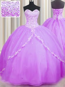 Classical Lilac Lace Up 15th Birthday Dress Beading and Appliques Sleeveless With Brush Train