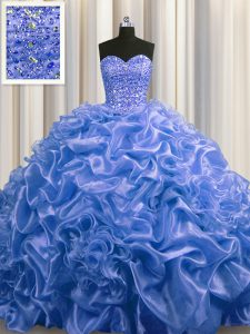 Stunning Blue Sleeveless Court Train Beading and Pick Ups With Train Sweet 16 Quinceanera Dress