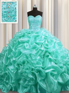 Attractive Aqua Blue Organza Lace Up Sweetheart Sleeveless With Train Quinceanera Gowns Court Train Beading and Pick Ups