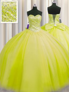 Captivating Really Puffy Yellow Green Sweetheart Lace Up Beading Sweet 16 Dresses Sleeveless