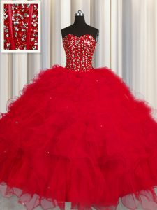 Visible Boning Red 15th Birthday Dress Military Ball and Sweet 16 and Quinceanera and For with Beading and Ruffles and Sequins Sweetheart Sleeveless Lace Up
