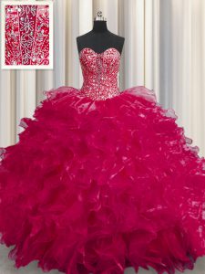 See Through Ball Gowns Quince Ball Gowns Coral Red Sweetheart Organza Sleeveless Floor Length Lace Up