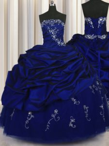 Sleeveless Taffeta Floor Length Lace Up 15th Birthday Dress in Royal Blue with Beading and Embroidery and Pick Ups