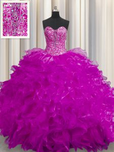 Sexy See Through Fuchsia Sleeveless Floor Length Beading and Ruffles Lace Up 15 Quinceanera Dress