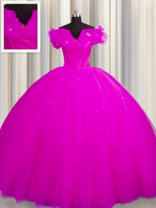 Customized Off The Shoulder With Train Ball Gowns Short Sleeves Fuchsia Sweet 16 Dresses Court Train Lace Up