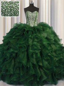 Shining Visible Boning Bling-bling Beading Sweet 16 Quinceanera Dress Green Lace Up Sleeveless With Brush Train
