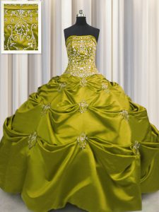 Traditional Olive Green Taffeta Lace Up Strapless Sleeveless Floor Length Quinceanera Gowns Beading and Appliques and Embroidery