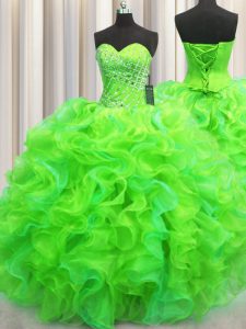 Ideal Green Ball Gowns Beading and Ruffles Quinceanera Gowns Lace Up Organza Sleeveless Floor Length