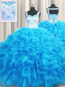 Aqua Blue Lace Up Sweet 16 Dress Beading and Ruffles Sleeveless Floor Length