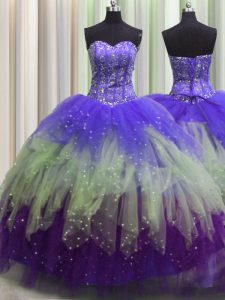 Exceptional Visible Boning Multi-color Sleeveless Beading and Ruffles and Sequins Floor Length 15 Quinceanera Dress