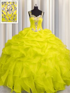 See Through Zipper Up Yellow Organza Zipper Quinceanera Dresses Sleeveless Floor Length Appliques and Ruffles