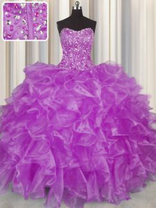 Clearance Visible Boning Purple Organza Lace Up Strapless Sleeveless Floor Length Sweet 16 Dresses Beading and Ruffles