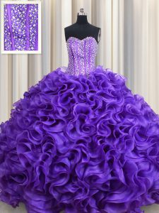 Visible Boning Sweetheart Sleeveless 15 Quinceanera Dress Floor Length Beading and Ruffles Purple Organza